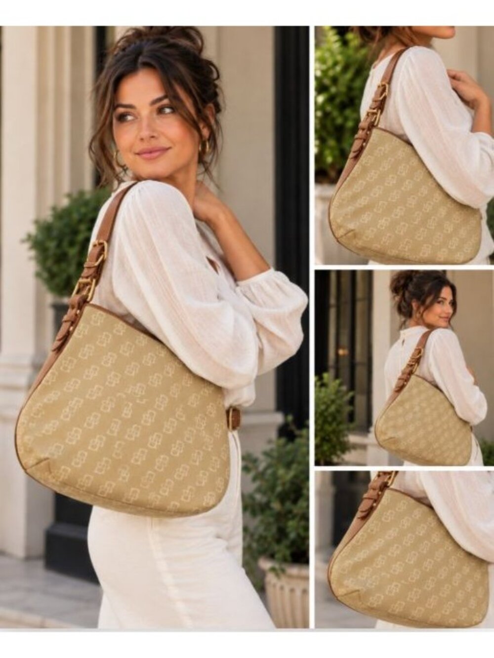 Dooney & Bourke Beige Monogram Canvas Hobo Shoulder Bag Tan Leather Trim